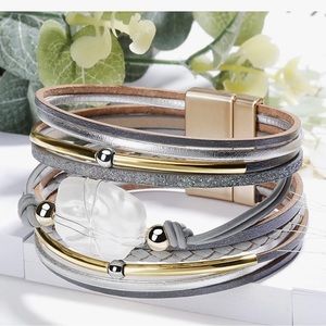 Leopard Bracelet , Boho Leather Wrap Multi-Layer Pearl Crystal Bracelet Bangle